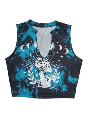 NWT Remidoo Mushroom Celestial Crop Top XS Blue Black Tie-Dye Graphic Tank Top